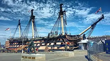 Starboard side of the British ship of the line HMS&nbsp;Victory