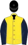 Yellow, dark blue sleeves, black cap