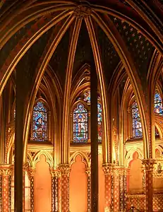 The lower chapel, with the Fleur-de-Lys of Louis IX and the castle of Blanche of Castile decorating the columns