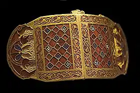 Shoulder-clasps from Sutton Hoo; early 7th century; gold, glass & garnet; length: 12.7&nbsp;cm; British Museum (London)